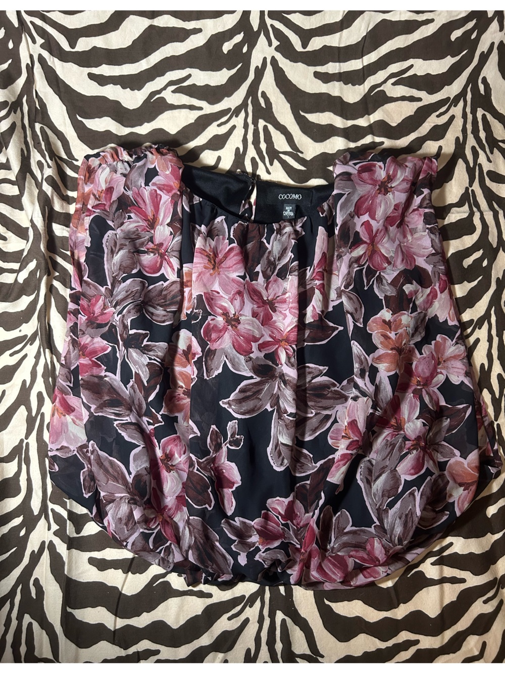 Cocomo Black Blouse with Pink and Brown Floral Print